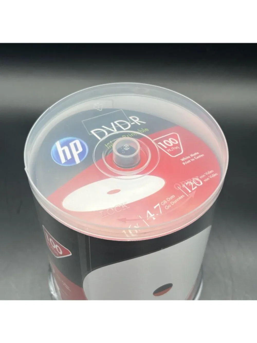 100 HP DVD-R DVD 16X Blank 4.7GB White Inkjet Printable Disc Spindle Cake Box